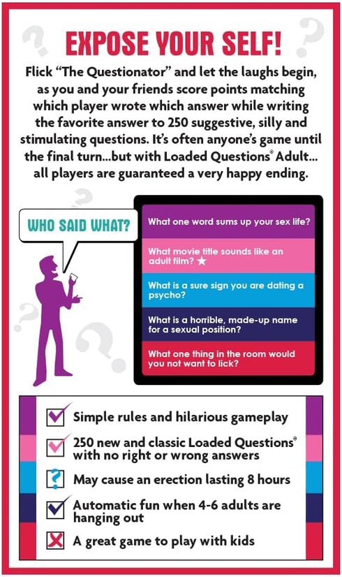 ADULT LOADED QUESTIONS, a Rousing Adult Party Game, Over 300 Suggestive, Silly, Stimulating Questions, 4 to 6 Players, for Ages 17 and up