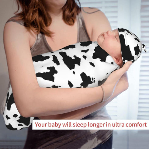 Cow Print Newborn Swaddle Blanket with Hat Set, Soft Transition Sleep Sacks, Gifts for Infant Boys & Girls