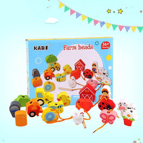 Lacing Farm Toy Wooden Block Set, Early Educational String & Lacing Beads Games for Toddlers Learning Play