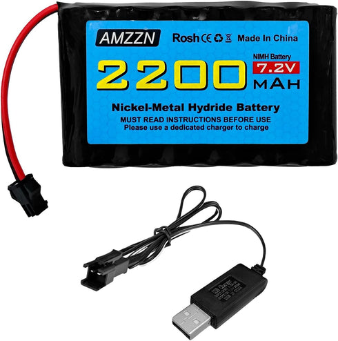 7.2V 2200mAh AA NiMH Battery with SM-2P Plug and USB Charging Cable for Huina 1550 550 RC Excavator, Car, Truck
