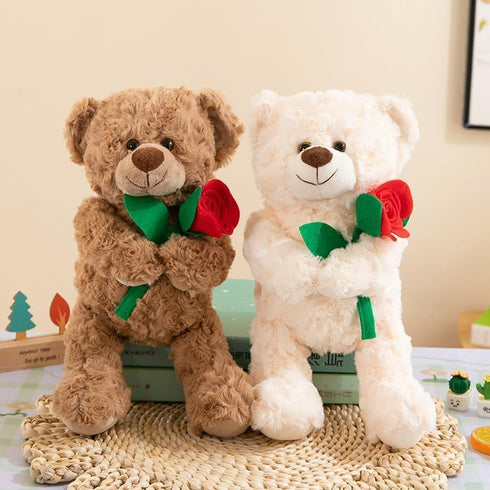 Teddy Bear Stuffed Animal with Rose, Soft Cuddly Plush Bear, Gifts for Kids, Baby Shower, Valentine's Day (Brown)