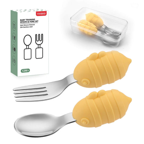 Baby Fork and Spoon Set with Carry Case, Toddler Silverware, Silicone and Stainless Steel Utensil Set, Bees