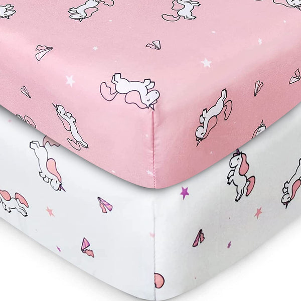 Girl Crib Sheets 2-Pack, Fitted 52'' x 28'' for Standard Crib &