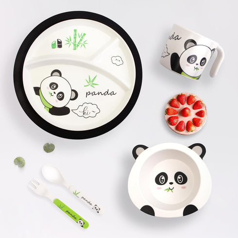 Bamboo Toddler Dinnerware Set, 5Pcs Baby Plates and Bowls, Christmas Kids Dishes Set with Plate, Bowl, Cup, Fork, and