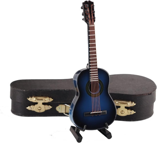 Dselvgvu Wooden Miniature Guitar with Stand and Case, Classic Blue Model for Dollhouse Decoration, 5.12"x1.86"x0.68"