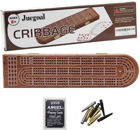Juegoal Wood Cribbage Board Game Set - 3 Tracks with Metal Pegs, Cards, and Storage Area