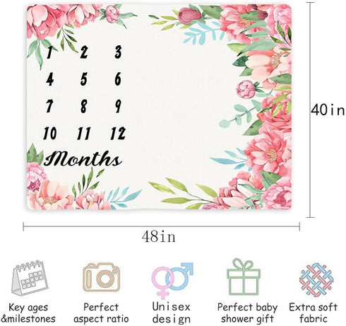 Baby Milestone Blanket, Floral Print Large Blanket for Girls and Boys, Newborn Photography, 48x40inch BTZZME178
