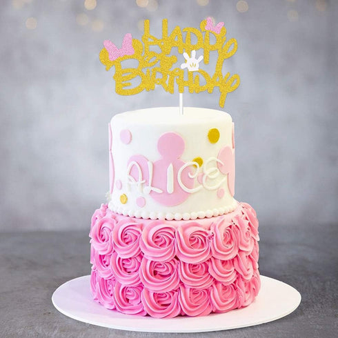 Pink And Gold Glitter Minnie Inspired Happy Birthday Cake Topper with Pink Bows and White Gloves for Girls Birthday
