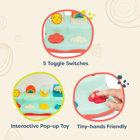 B. toys Pop-Up Buddies, Cause and Effect Play Learning Toy for Babies, Interactive Toy with Sun, Rainbow, Star