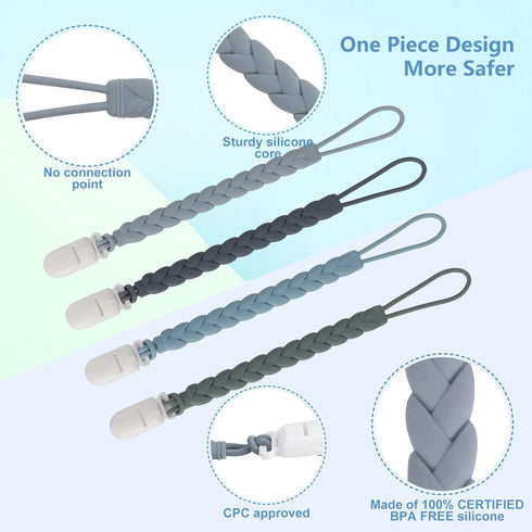 Stylish Silicone Pacifier Clips 4-Pack for Baby Boys and Girls, Woven Rope Design for Teething Relief, Grey