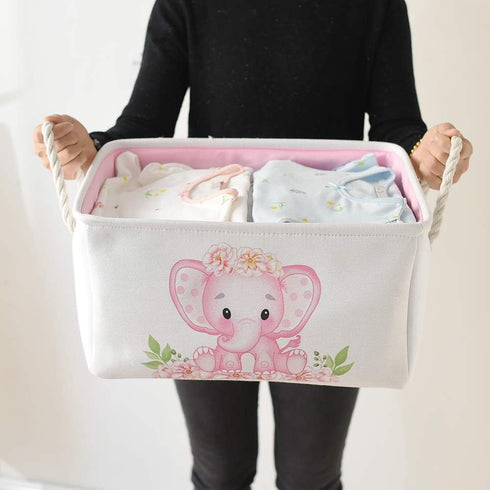 INough Pink Basket Elephant Storage Bins for Kids, Collapsible Storage Basket for Toys and Clothes, Medium