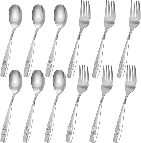 HANSGO 12PCS Children Safe Forks and Spoons, Stainless Steel Toddler Utensils Set with Bunny and Puppy Motifs