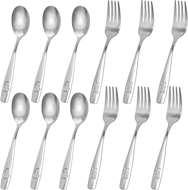 HANSGO 12PCS Children Safe Forks and Spoons, Stainless Steel Toddler Utensils Set with Bunny and Puppy Motifs