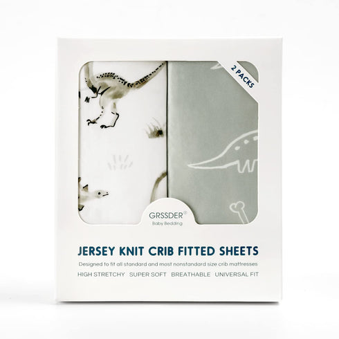 GRSSDER Stretch Ultra Soft Jersey Knit Fitted Crib Sheets Set 2 Pack, Fit All Standard Crib Mattress Pads, Dinosaur