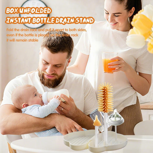 NJYW 7-in-1 Set Baby Bottle Brush with Silicone Nipple & Straw Brushes, Soap Dispenser, Foldable Drying Rack, Portable