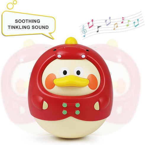 Tinabless Tummy Time Toys, Dinosaur-Duck Roly Poly Baby Toy, Musical Wobbler Toy | Tumbler Wobbler Toy for Newborns 3-12 Month Baby Boys and Girls Easter Basket Gift First Birthday Present (Red)