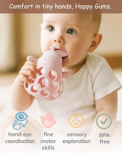 Baby Teething Toy Silicone Teether for Infants, Pear-Shaped Design with Easy-Grip Hole and Nipple-Shaped Ends for Gum