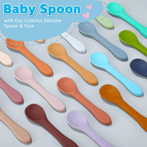 Nuenen 6 Pieces Silicone Baby Feeding Forks and Spoons Set - Hot Safety First Stage Self Feeding Supplies Mini Kids
