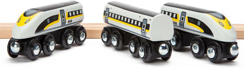 Wooden Bullet Train Set of 2 Modern Engines, 1 Sleek Passenger Car with Magnetic Connectors, Compatible with Major