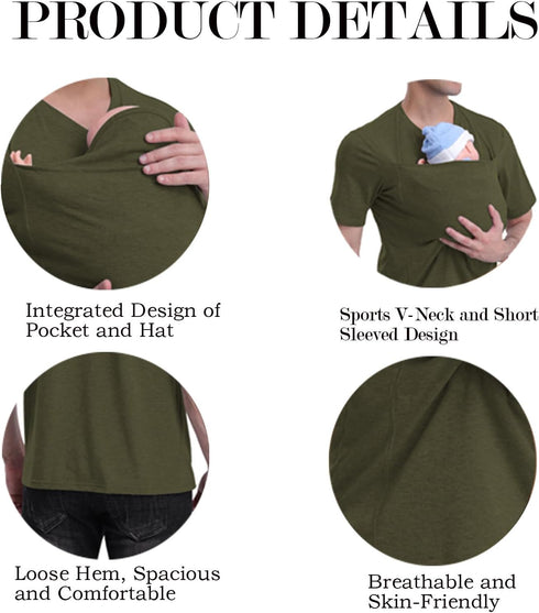 Jefuzh Mens Baby Carrier Shirt, Kangaroo Shirt for Dad and Baby V Neck Short Sleeve Kangaroo T Shirt for Dad