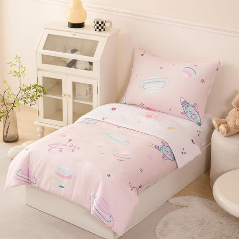 4 Set Set PERFEMET Piece Toddler Girl Bedding Space Theme Pink Toddler Bed with Sheets Soft Reversible Astronaut