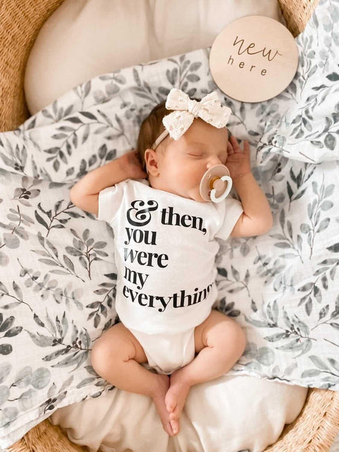 Miaoberry Organic Muslin Swaddle Blankets - Matching Hat and Wooden Hello World Newborn Sign, Eucalyptus Photography