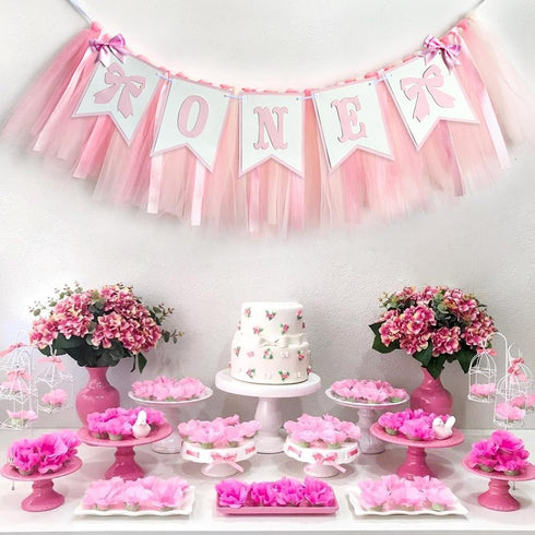 Derzhssg 1st Pink Bowknot One Birthday Highchair Banner - Girl Birthday High Chair Banner, Party Decoration Photo