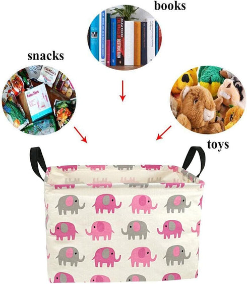 Elephant Print Rectangular Storage Bin, Canvas Fabric Toy Box, Waterproof Coating Nursery Hamper with Handles, Gift