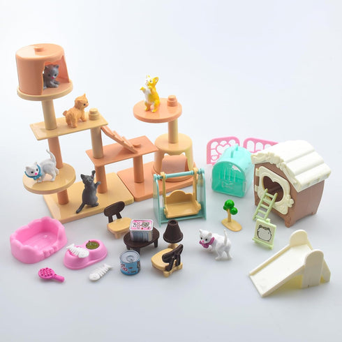 Pet Pretend Play Toys - 48Pcs Cat Figures for Kids, Realistic Cat Care Center with Accessories Toy Sets