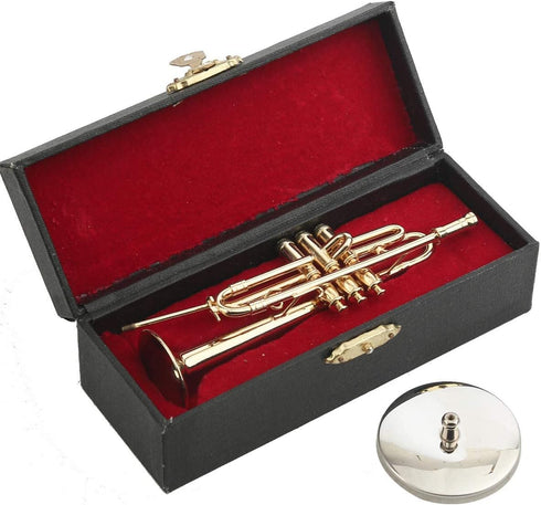 Dselvgvu Copper Miniature Trumpet with Stand and Case, Mini Musical Instrument for Dollhouse Model (4.65"x1.18")