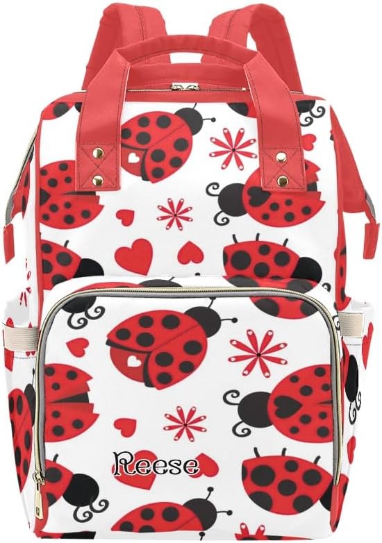 NZOOHY Red Hearts Ladybird Personalized Diaper Bag Backpack with Name,Custom Mommy Bag Nursing