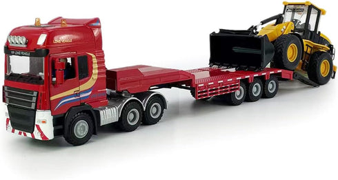 Flatbed Truck Toy with Excavator Loader, Metal Diecast Construction Vehicles 2 in 1 Playset for Boys Kids Gift (Red)