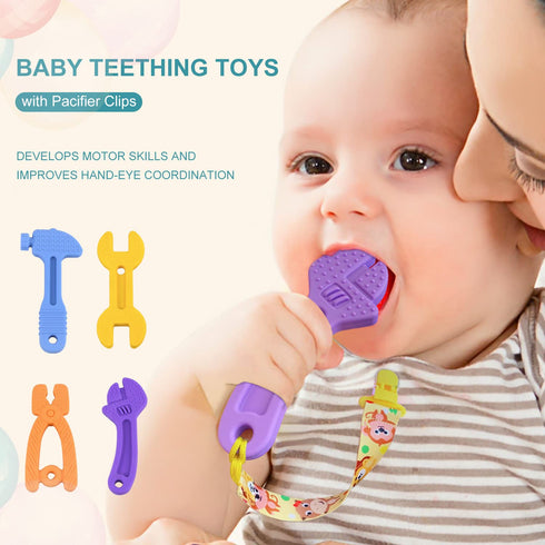 Teething Toys for Babies 0-6 Months, Silicone Baby Teether Toys, Molar Hammer Wrench Spanner Pliers Shape for Boys Girls