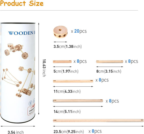 WODI Wooden Building Blocks 60pcs Large Natural Wood STEM Building Blocks for Kids Ages 4-8