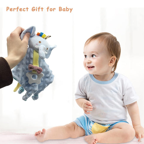Elephant Security Blanket for Baby, Soft Plush Minky Fabric Lovey, Crinkle Sensory Blanket, Unisex Baby Gift (Blue 11")