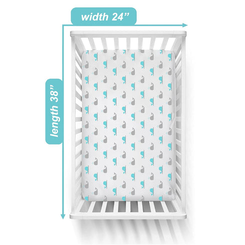 TL Care 100% Natural Cotton Fitted Mini Crib Sheet, Aqua Whale, 38" x 24", Soft & Breathable, Fits Pack N Play