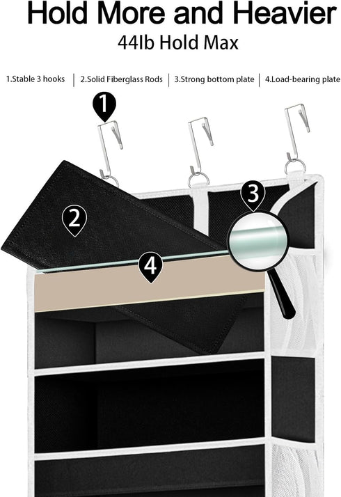 1 Pack Over The Door Storage Organizer with 5 Pockets, 10 Mesh Side Pockets, 44 lbs Capacity for Bedroom and Bathroom