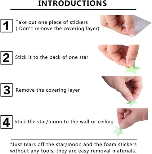 Glow in The Dark Stars and Moon Stickers for Ceiling - 200pcs 3D Luminous Adhesive Stars for Kids Bedroom Room Decor