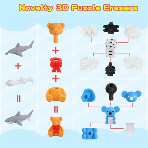 Kleeblatt 40Pcs Animal Erasers, Desk Pets for Kids, Assembled 3D Puzzle Erasers, Classroom Prizes