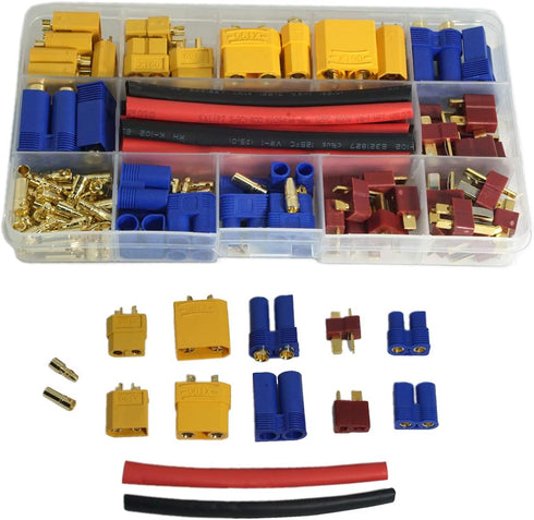 XT60/XT90/EC3/EC5/T Plugs/3.5mm Banana Plug Male Female Adapter Connectors with Heat Shrink Tubing (102PCS)