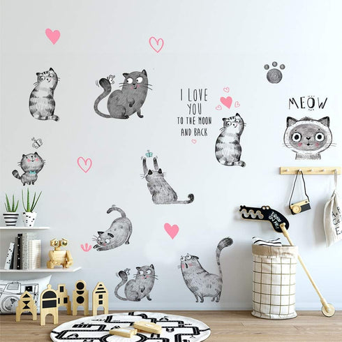 Cartoon Cats Wall Decals - MAIYU 9 Cute Kittens with Butterfly Heart Paw Print Stickers for Kids Room