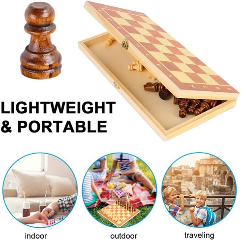Wooden Chess Set - Folding Board, 12 Inches Handmade Portable Travel Chess Game for Kids and Adults