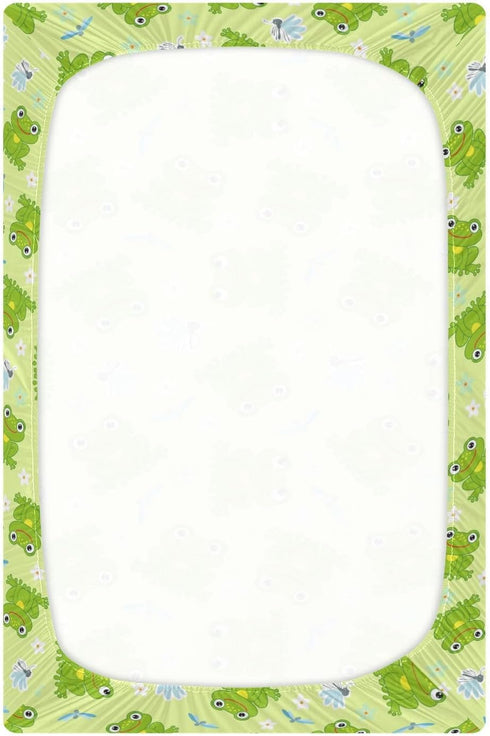 CHUROUSY 27x39 Inch Frogs and Dragonfly Crib Sheets Cute Cartoon Frog Mosquitoes Flower Playard Sheets Fitted Toddler