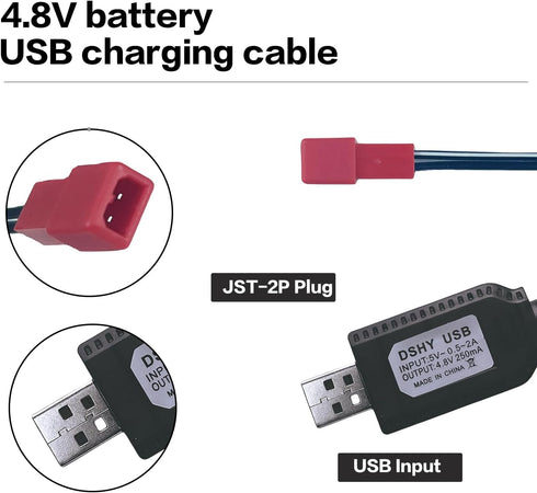 4.8V USB Charger Cable with JST 2 Pin Plug for RC Car Plane Tank Boat and Other Remote Control Toys