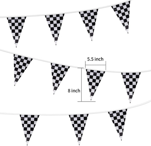 98ft Checkered Black & White Pennant Banner, Racing Flags with 20Pcs 11.8 Inch Plastic Sticks