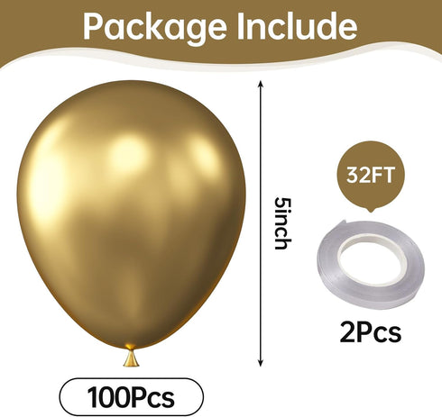 KALOR 100 Pcs 5 Inch Metallic Gold Balloons - Thick Latex Chrome Balloons for Birthday and Wedding Decorations