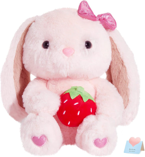 10" Plush Bunny Rabbit Stuffed Animal, Pink Easter Floppy Ear Bunny with Strawberry Gifts for Kids