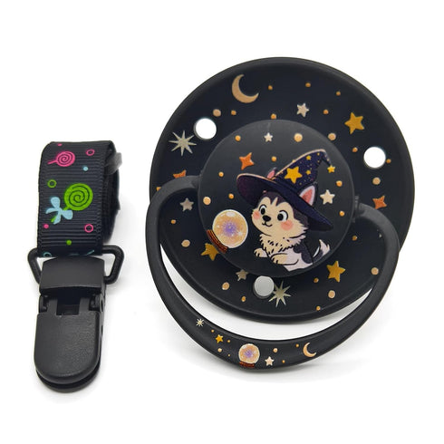 Jumbo Comfort Pacifier Stress Relief & Sleep Aid with Magical Husky Puppy Design, Clip & Reusable Case Soothing