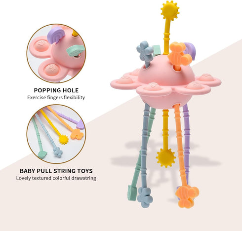 18 Montessori Sensory Toys for Babies,Silicone Teething Toys Pull String Baby Toy Months (Pink)