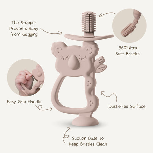 Moonkie Teething Toy Set of 2, Safe & Easy to Hold BPA Free Silicone Teethers, 360° Baby Toothbrush with Suction Base, Teether Toys Best for Babies 6-12 Months (Koala Blush/Shifting sand)